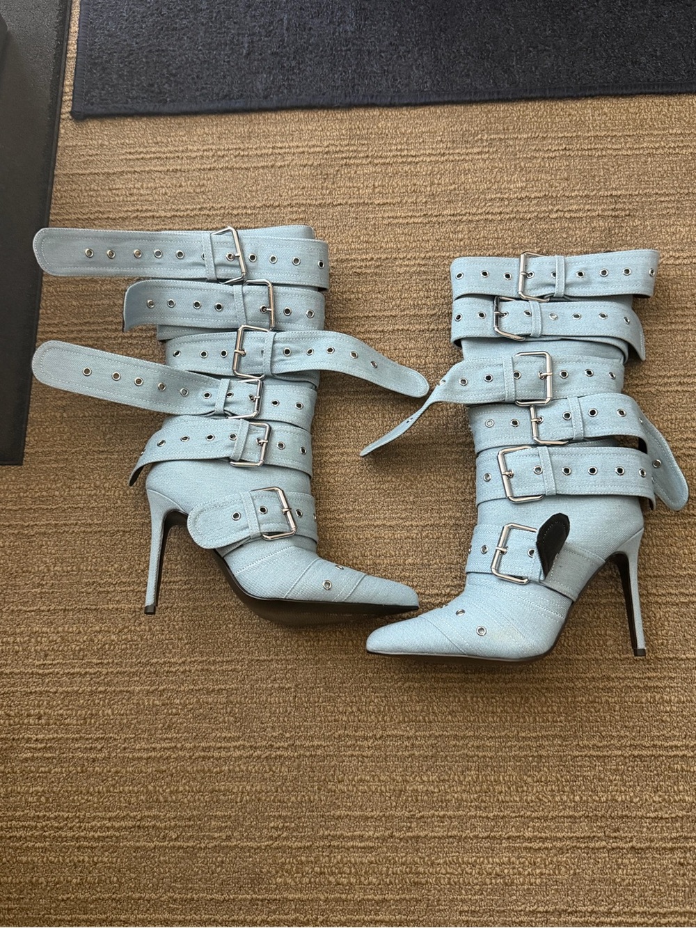 Strappy Buckle Pointed-Toe Stiletto Booties in Light Blue